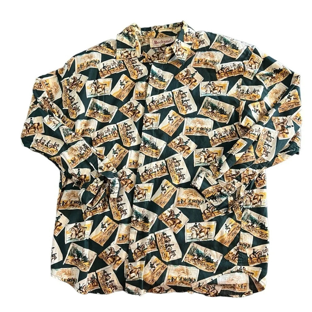 Vintage Bechamel Sport Button Up Green All Over Print Horse Hunt Western Shirt